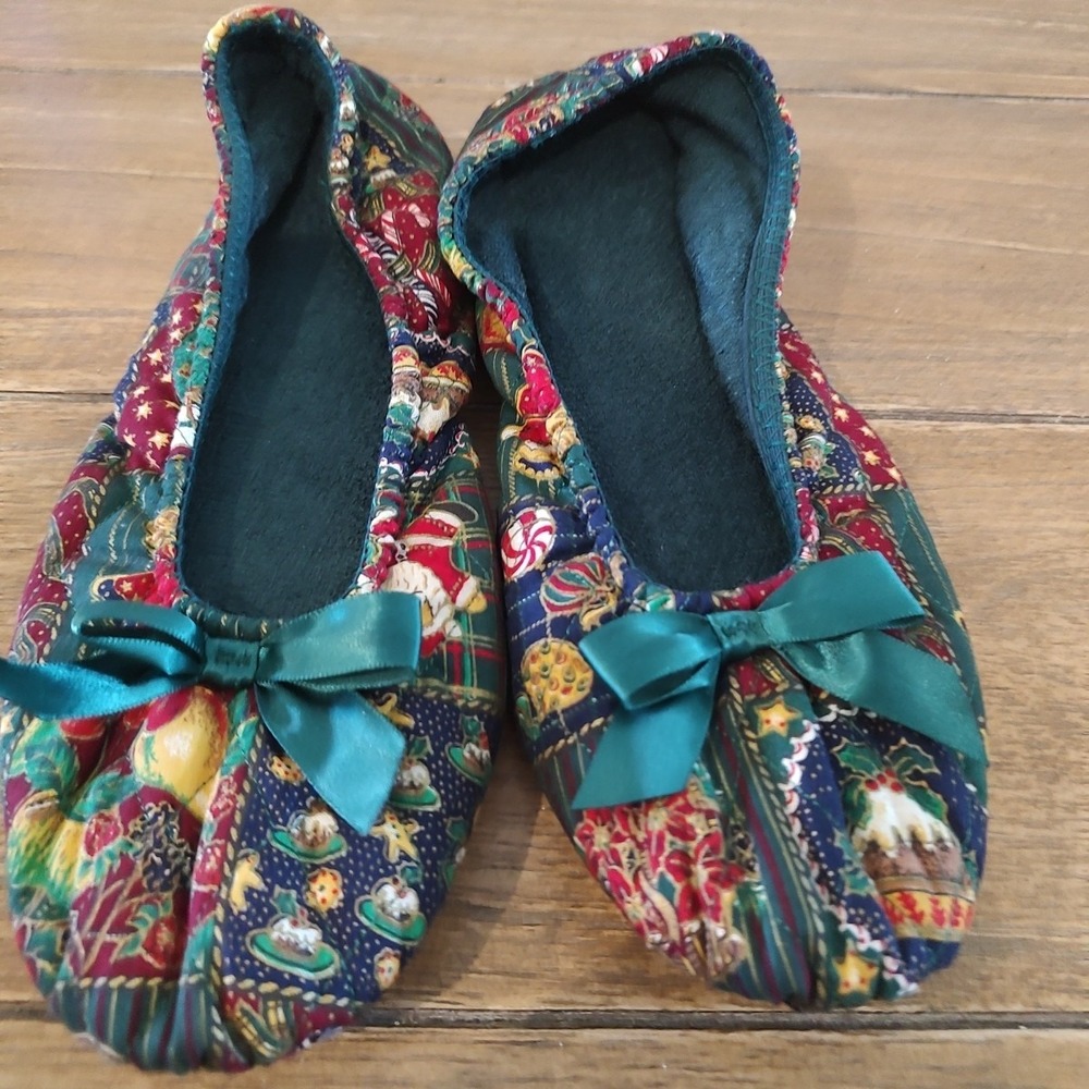 Vtg 80s 90s Quilted Christmas Slippers Women Medium 6.5–7.5‎ Holiday House Shoes
